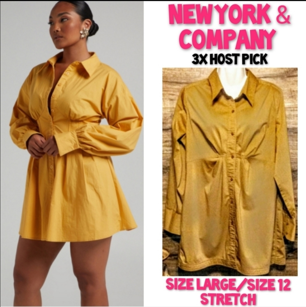 New York & Company Mini Dress Size 12 Classy Khaki Stretch Button Up